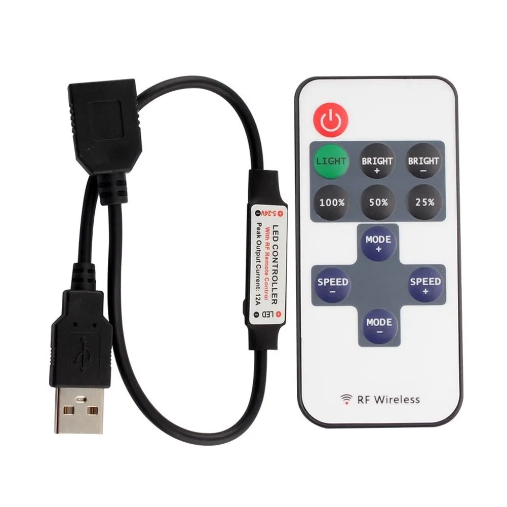 USB RF Wireless Dimmer Remote Control with 11 Keys for LED Strip Lights DC 5V to 24V Compatible Radio Frequency Controller