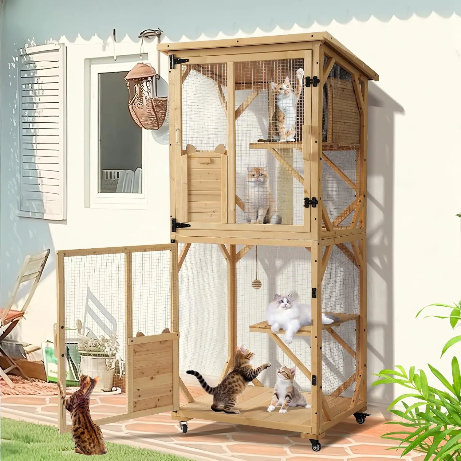 

71 Inch Cat Fence, Large Outdoor/Indoor Cat House for Multiple Cats, Wooden Cat House with Scratching Post, Sisal Ball