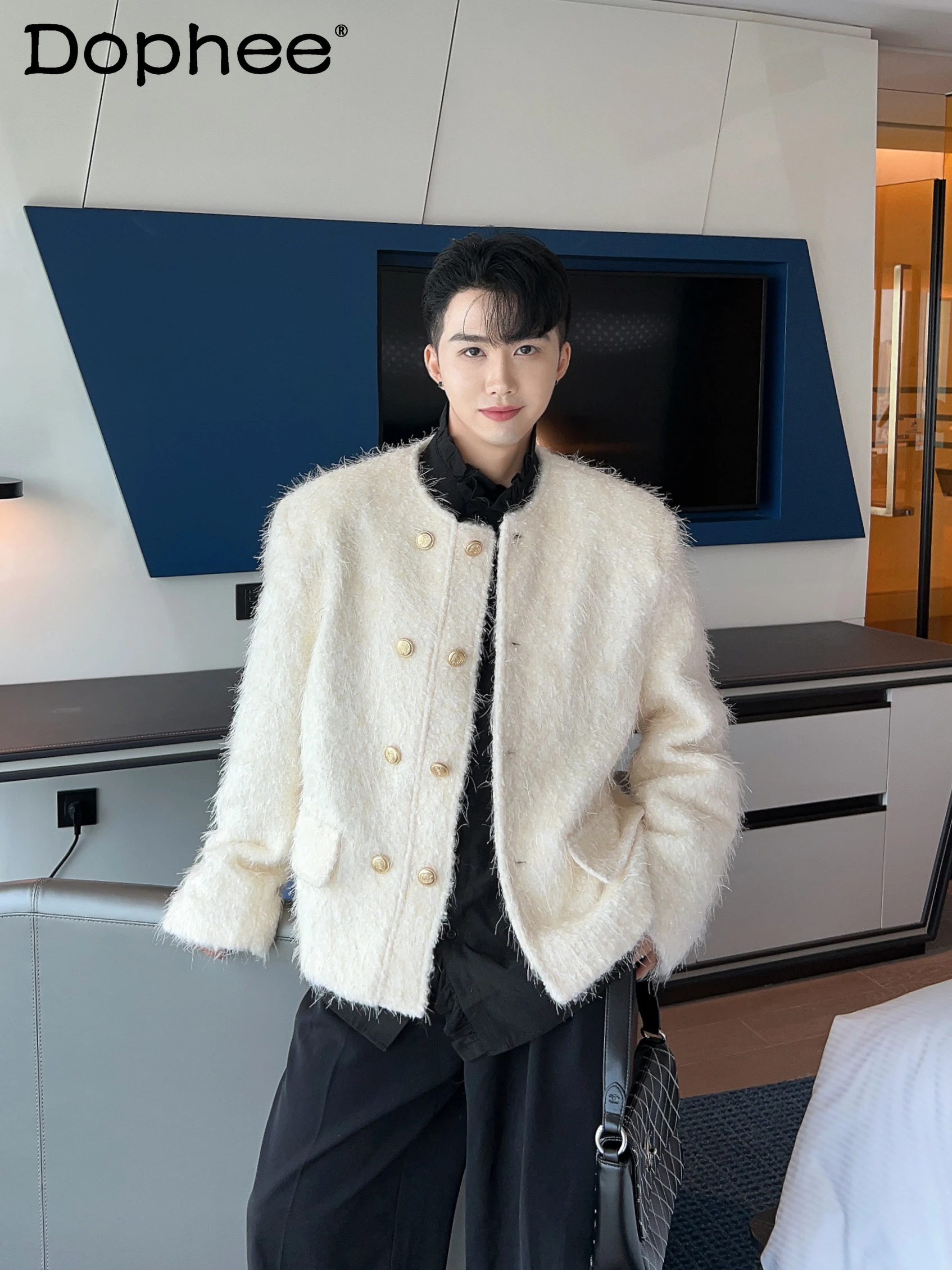 

Fashion 2023 Autumn Winter Coats High-End Double Breasted Furry Coat Men's Loose Comfort Collarless Long Sleeve Solid Color Tops