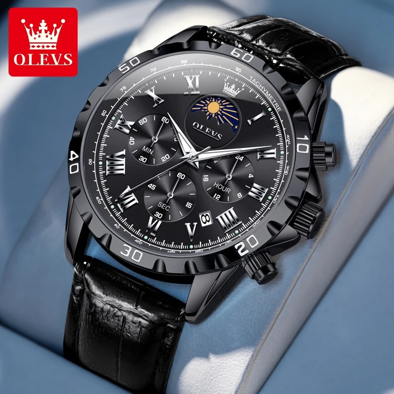 OLEVS NEW Quartz Wrist watch for Men Fashion Trend Multi-function Chronograph Black Stainless steel Business Dress Hand Clocks