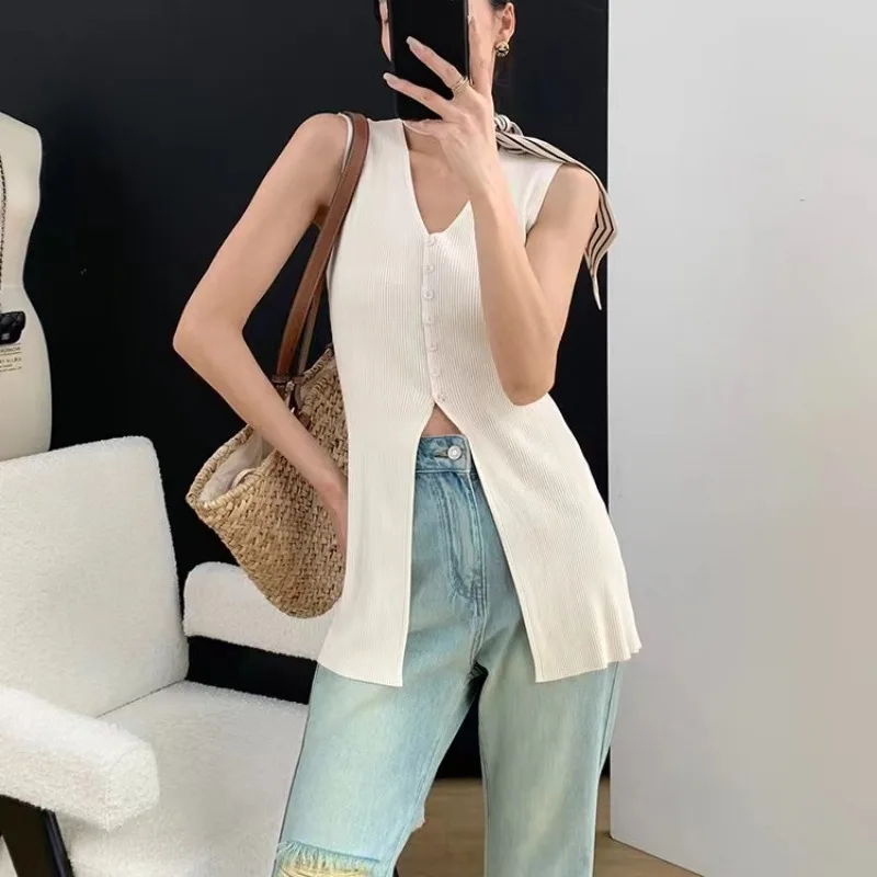 

Women Temperament V-neck Sleeveless Medium and Long Styles Tops 2025 Summer New Fashion Solid Thin Knitted Cardigan Vest
