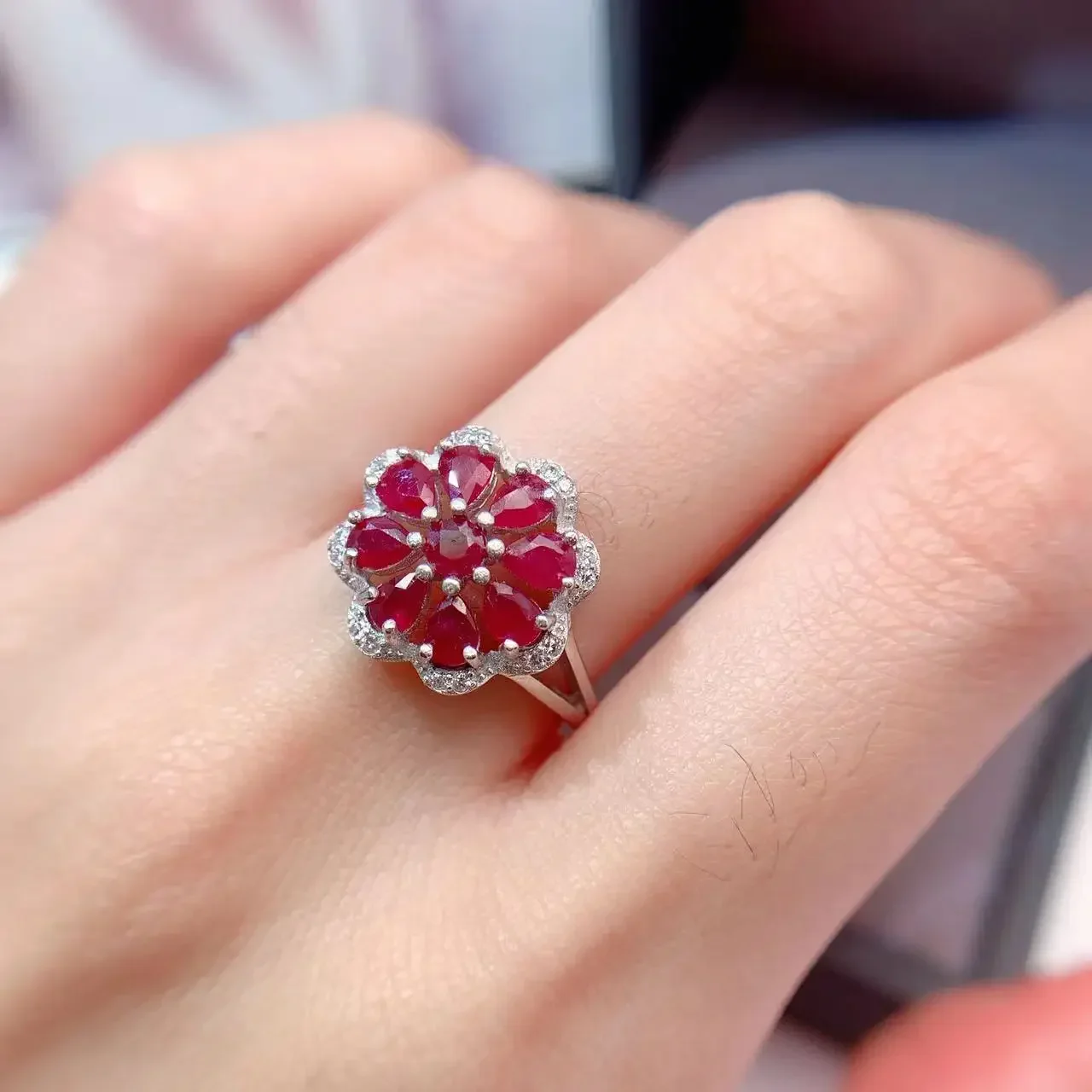 

Nnatural Ruby Jewelry Gift for Woman Natural Ruby 9 pieces 3mm*4mm 925 Silver9 Ring for Office Woman 3 Layers 18K Gold Plating