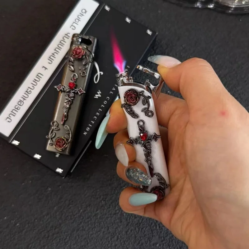 Gothic Rose Cross , White Matte Metal Windproof , Refillable Color Pink Flame, Dark Aesthetic Vintage Decorative Lighter Gift