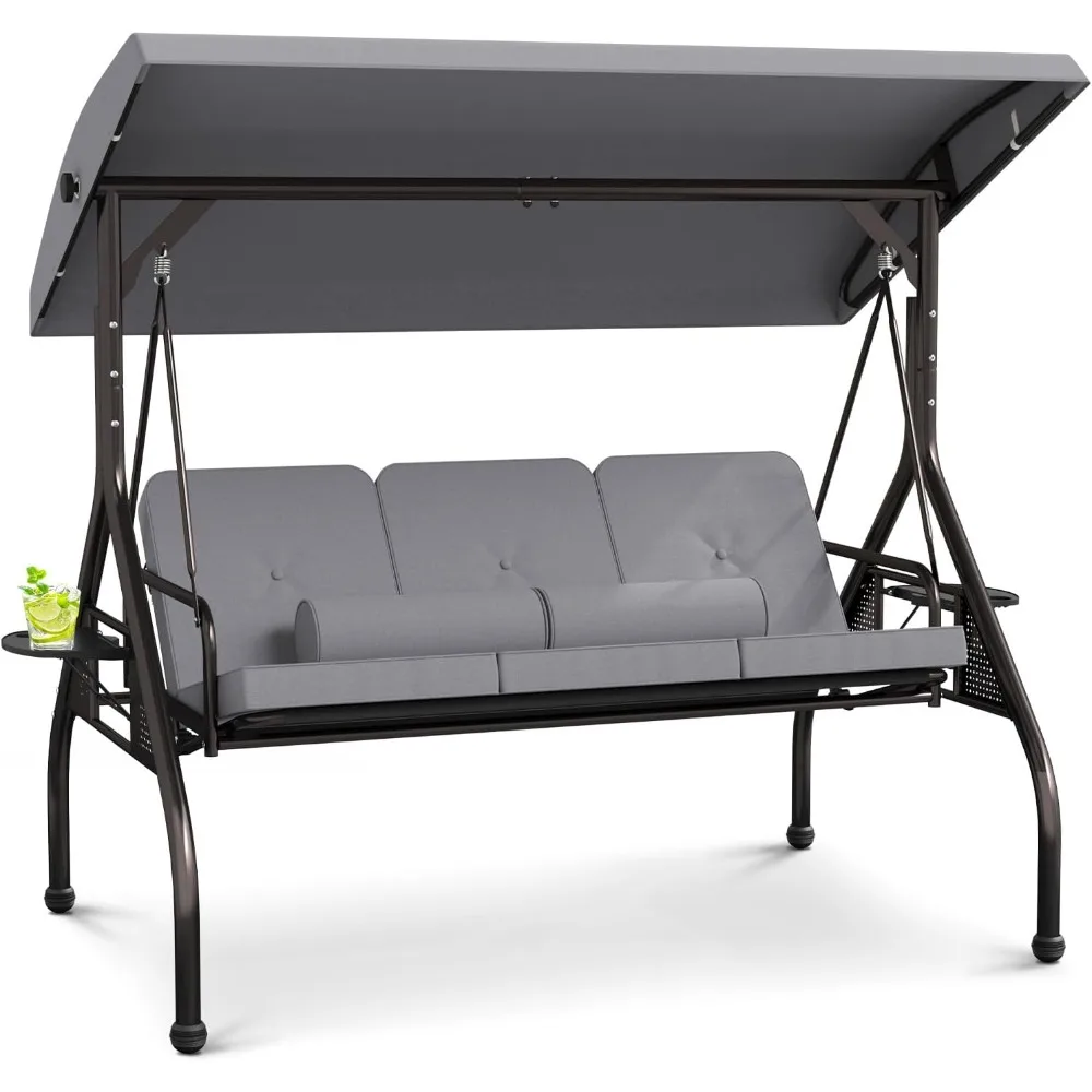 

3-местное кресло-качалка для уличного крыльца, регулируемый навес, раскладная спинка-качалка с утолщенными подушками, подушкой и подстаканником