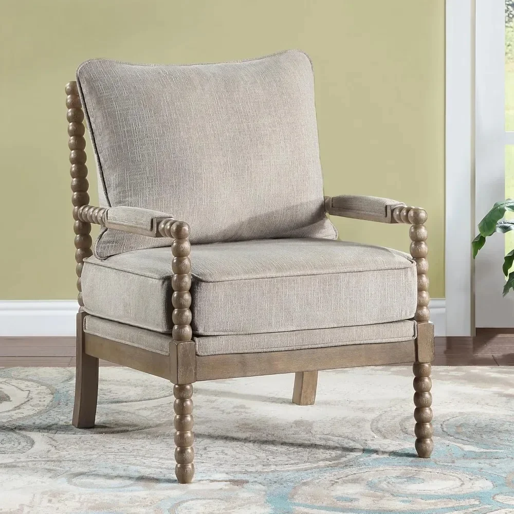 Linen Fabric Spindle Accent Chair With Wood Frame Furniture Home Living Room Individual Reclining Chaise Lounge Deck-chair