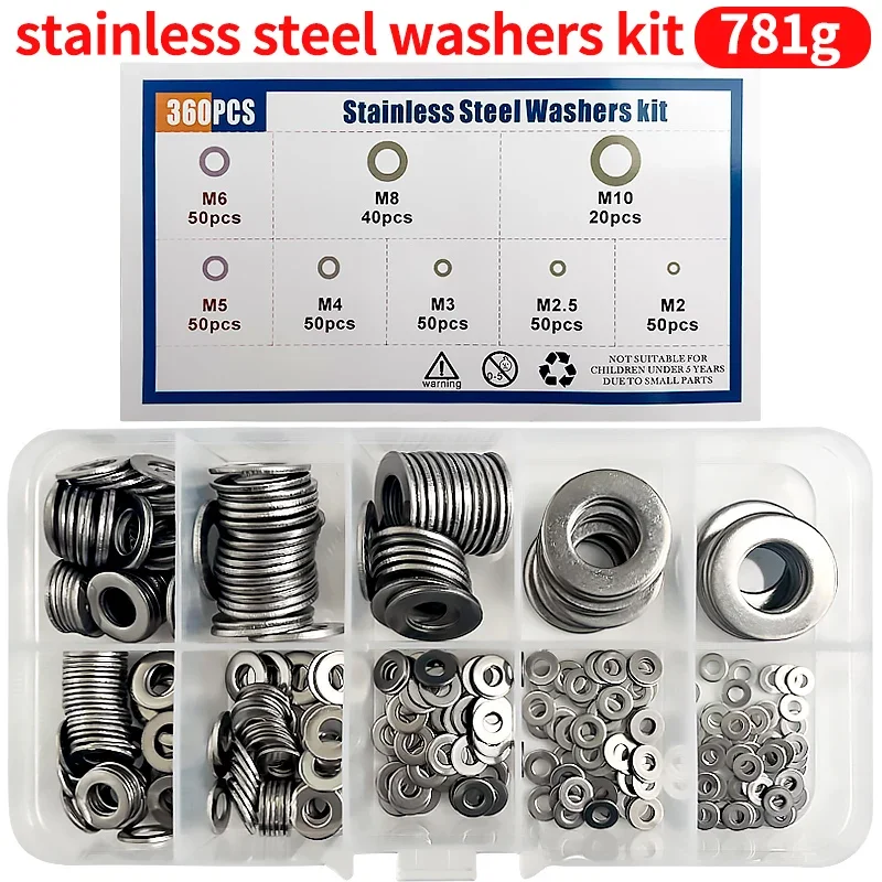 

360pcs/Box M2 M2.5 M3 M4 M5 M6 M8 M10 304 Stainless Steel Washer Set Adjusting Shim Plain Gasket Assortment Kit Box