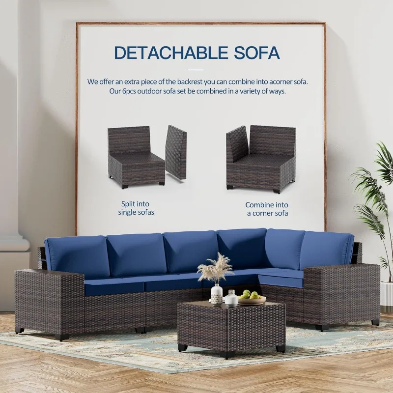 Kullavik 6PCS Outdoor Patio Furniture Set PE Wicker Rattan Sectional Sofa Patio Conversation Sets,Navy Blue