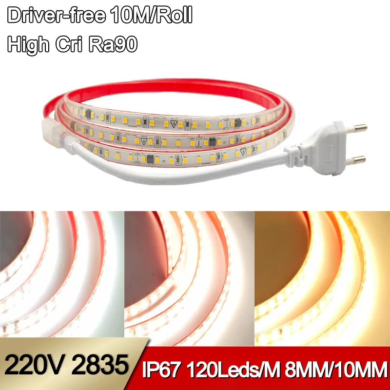 

Drive-free 220V SMD2835 10M/Roll IP67 Waterproof Ra90 10mm Flexible Cuttable Self-adhesive SMD 2835 Led Strip Light
