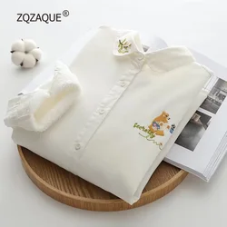 Women's White Long Sleeve Blouse with Fleece Female Bottom Tops Cute Bear Pattern Thicken Shirt Autumn Winter S025