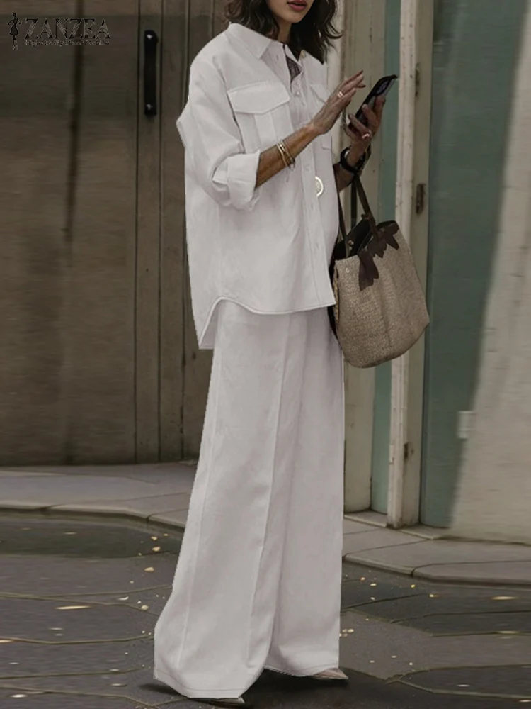 

ZANZEA Casual Loose Streetwear Outfits Autumn 2024 Women Solid Color Long Shirt Pant Sets Fashion Wide Leg Trouser 2-Piece Sets