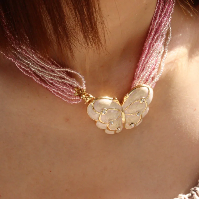 

Niche Design Beaded Drip Glaze Butterfly Earrings Gentle Lazy Necklace Romantic Granny Style Rice Bead Strand Clavicle Chain