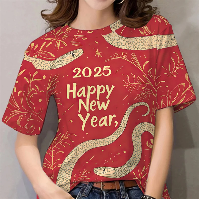 2025 Year Of The Snake T Shirt Women 3d Print Cute Snake Graphic T-shirts Fashion Casual Short Sleeve Unisex Lunar New Year Tees