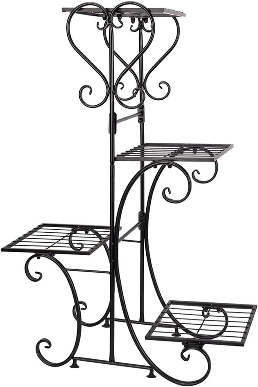 Plant Stand Metal Plant Shelf Flower Display Stand Garden Planter Holder with 4 Tier Shelves Indoor (Black) Flower Shelves