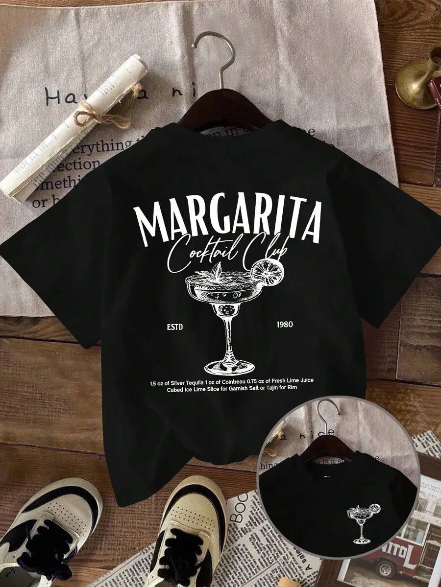 

Black Vintage-Style Cocktail Graphic Tee for Women, Short Sleeve Crew Neck, Summer Casual Wear