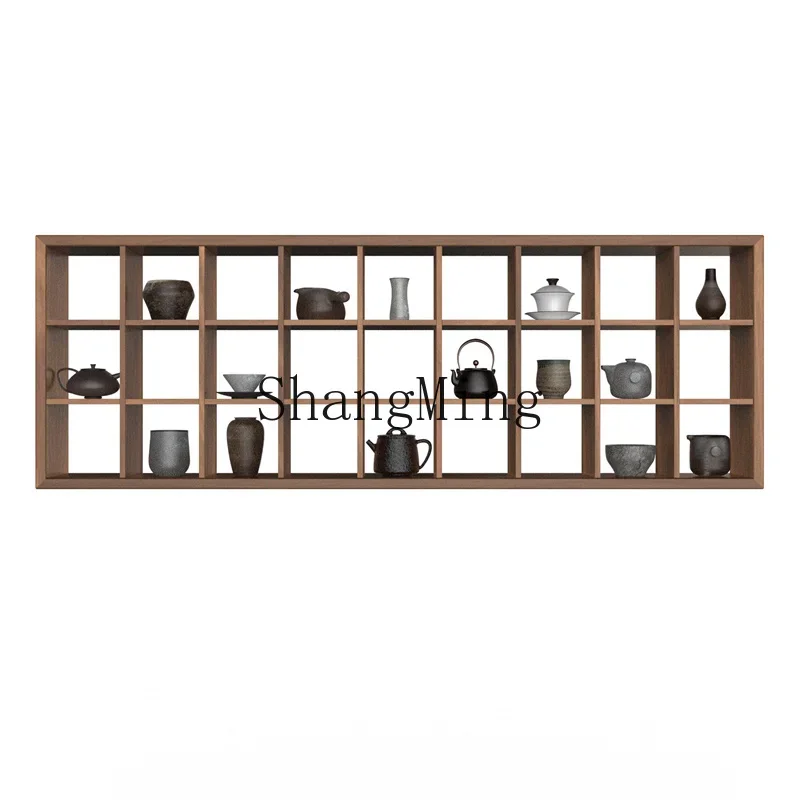 ZZJ wall multi-layer walnut old elm shelf villa living room tea room club natural wood wax oil multi-grid porcelain shelf