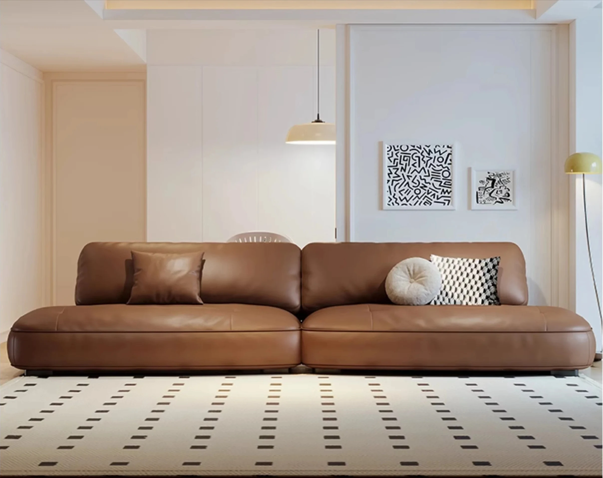 sofa brown retro straight row modern simple first layer cowhide creative sofa
