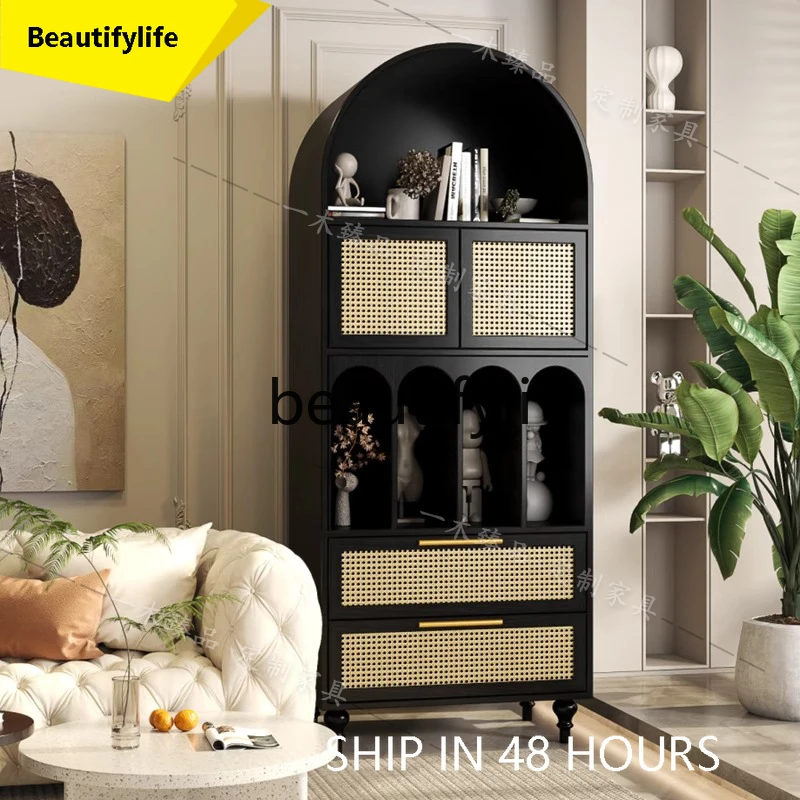 

6239 French Retro Solid Wood Bookshelf Living Room Rattan Door Storage Cabinet Light Luxury Arched Storage Cabinet