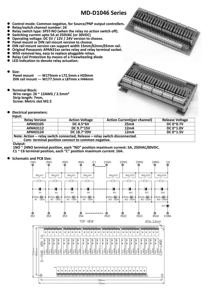 CZH-LABS Slim DIN Rail Mount DC12V Source/PNP 24 SPST-NO 5A Power Relay Module, APAN3112