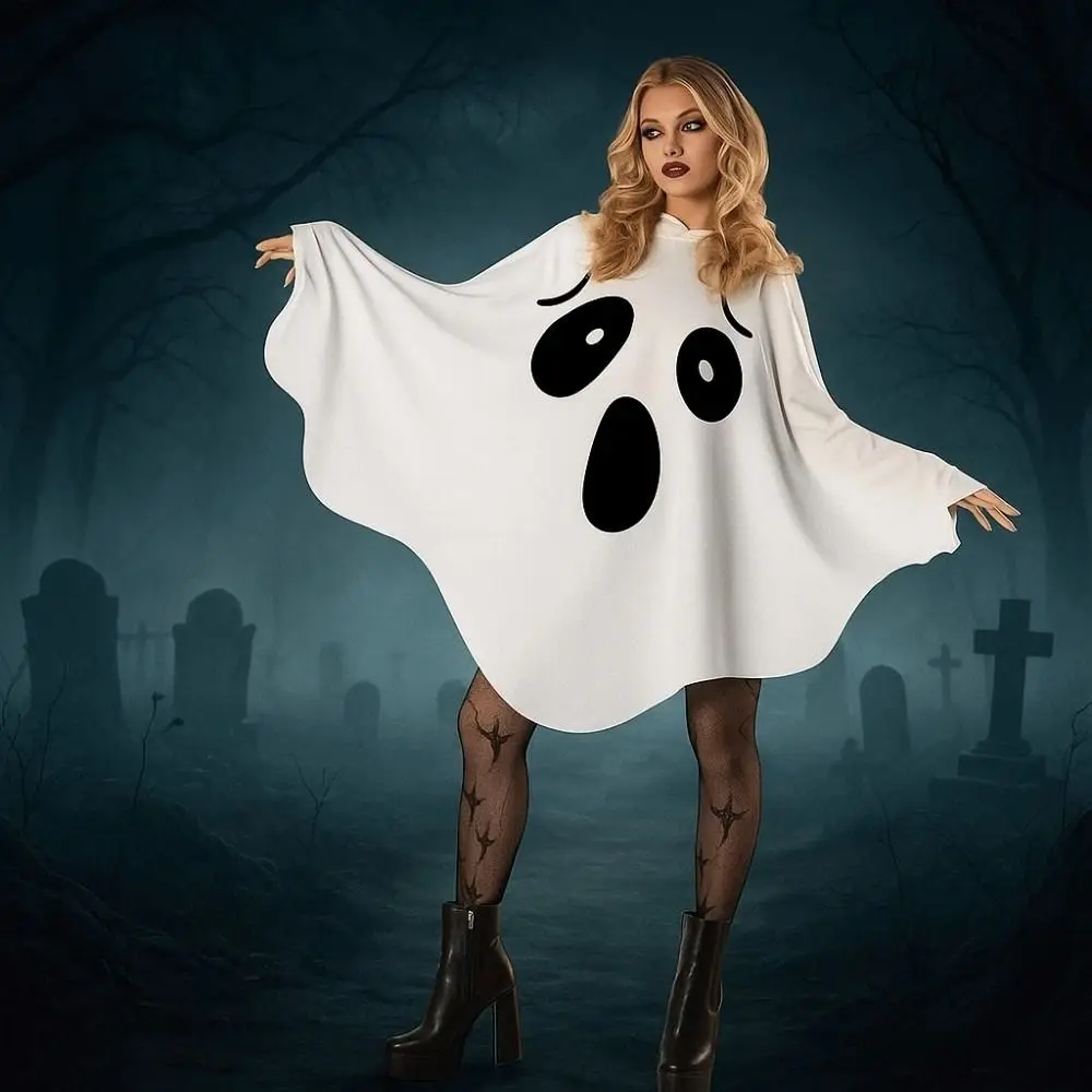 

White Halloween Cloak Cape Fright Clothes Trick-or-Treat Spooky Ghost Poncho Robe Full Suit Smock Style Pumpkin Cloak Party Wear