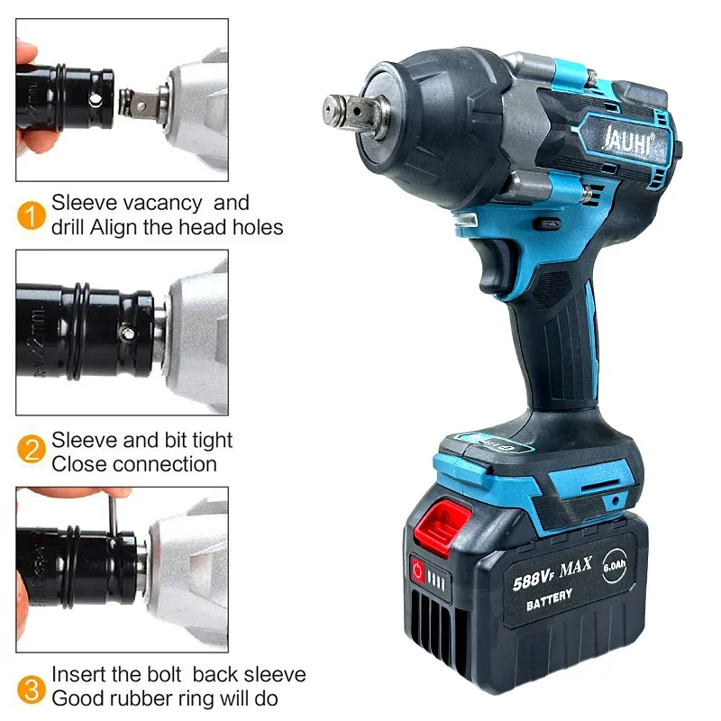 JAUHI 1800N.M Torque Brushless Electric Impact Wrench with 588VF Battery 1/2\