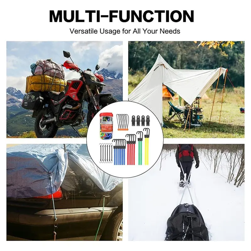 CHCH Camping Bungee Cords 30 Pieces Premium Assortment Jar Including Rope In Various Sizes, 4 Clips, 6 Bungees Rope With Ball Us