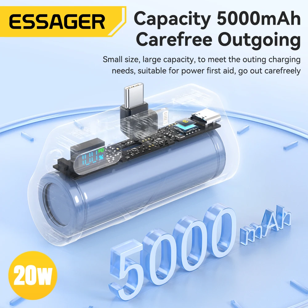 Essager 20W 5000mAh Hidden Dual Plug Fast Charging Mini Power Bank Capsules Mobile Phone External Battery for iPhone 15 Huawei