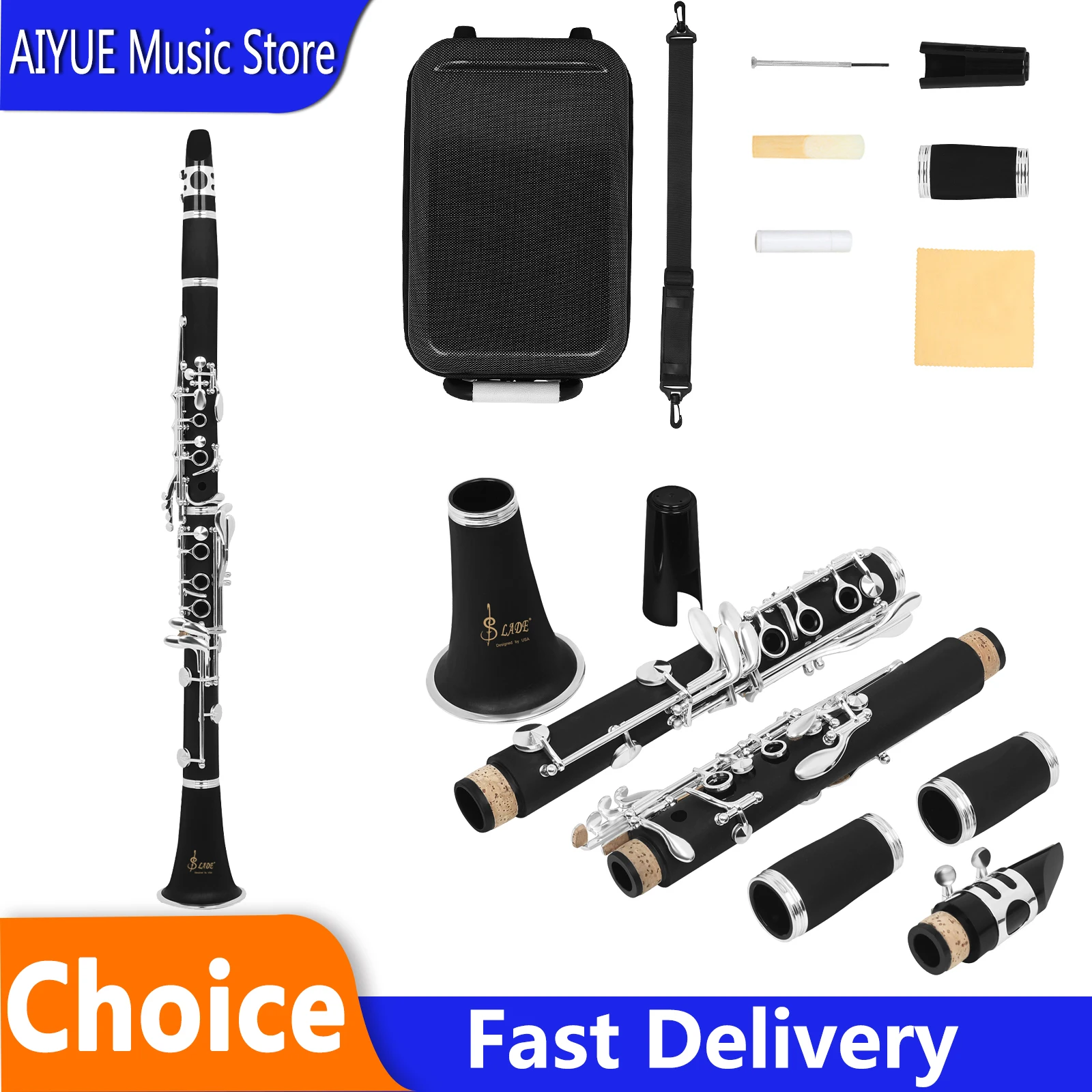 SLADE Clarinet 17 Key Rubberwood Tube Body Nickel Plated Buttons Suitable For Playing Graded Clarinet Woodwind Instruments