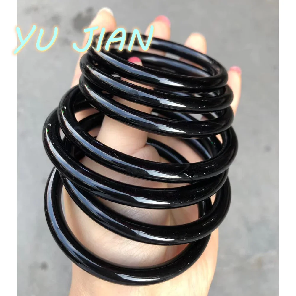 New Natural Fine A Grade Pure Black Chalcedony Bangles Small Round Bar Crystal Clear Jade Delicate Handring Exquisite Jewelry