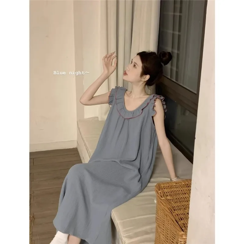 Women\'s Pajamas Dress Sexy Backless Nightgown Sleeveless Ruffles Loose Sleepwear Loungewear Ladies Solid Nightwear Homewear