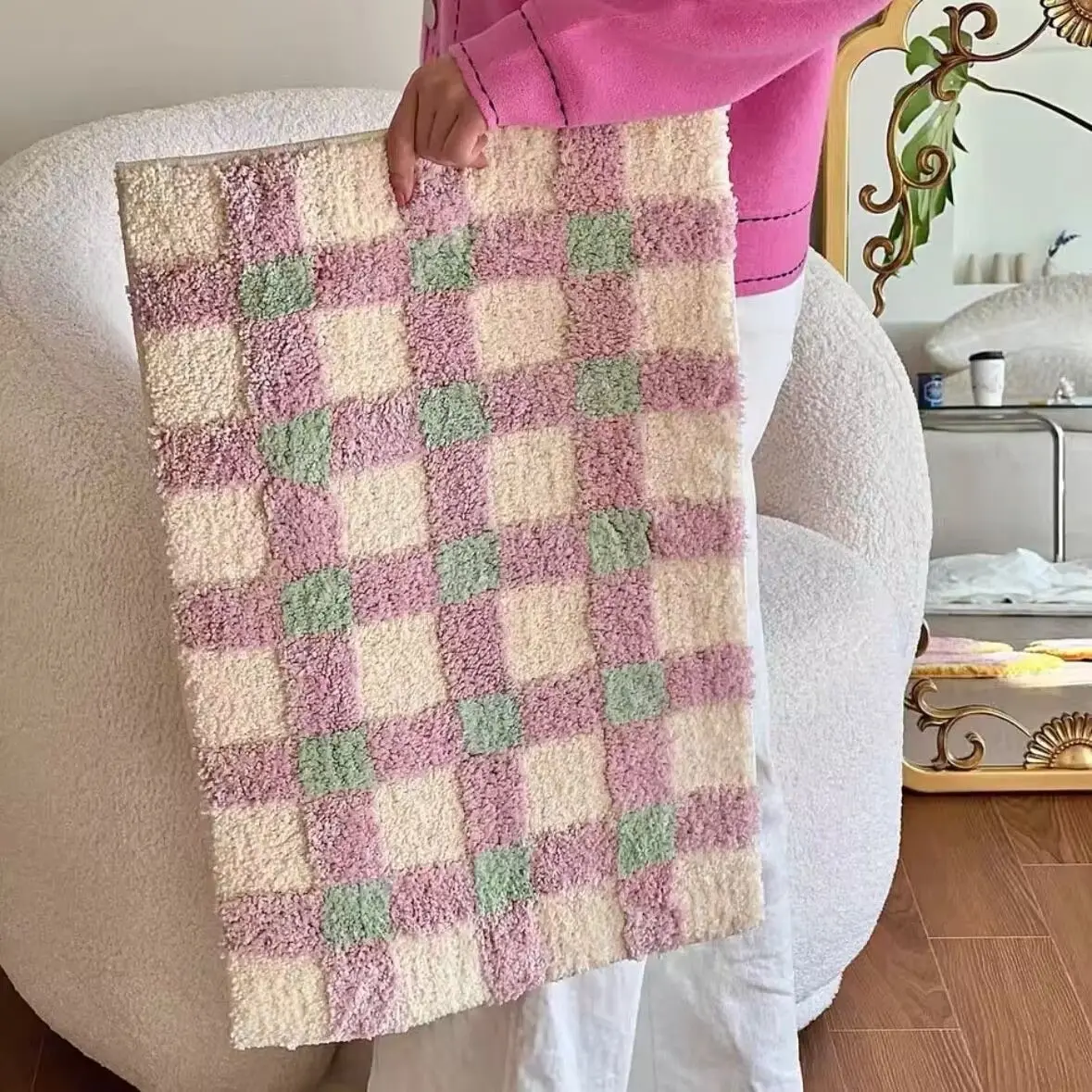 Chessboard imitation cashmere household bathroom floor mat, water-absorbing, dirt-resistant and non-slip floor mat carpet