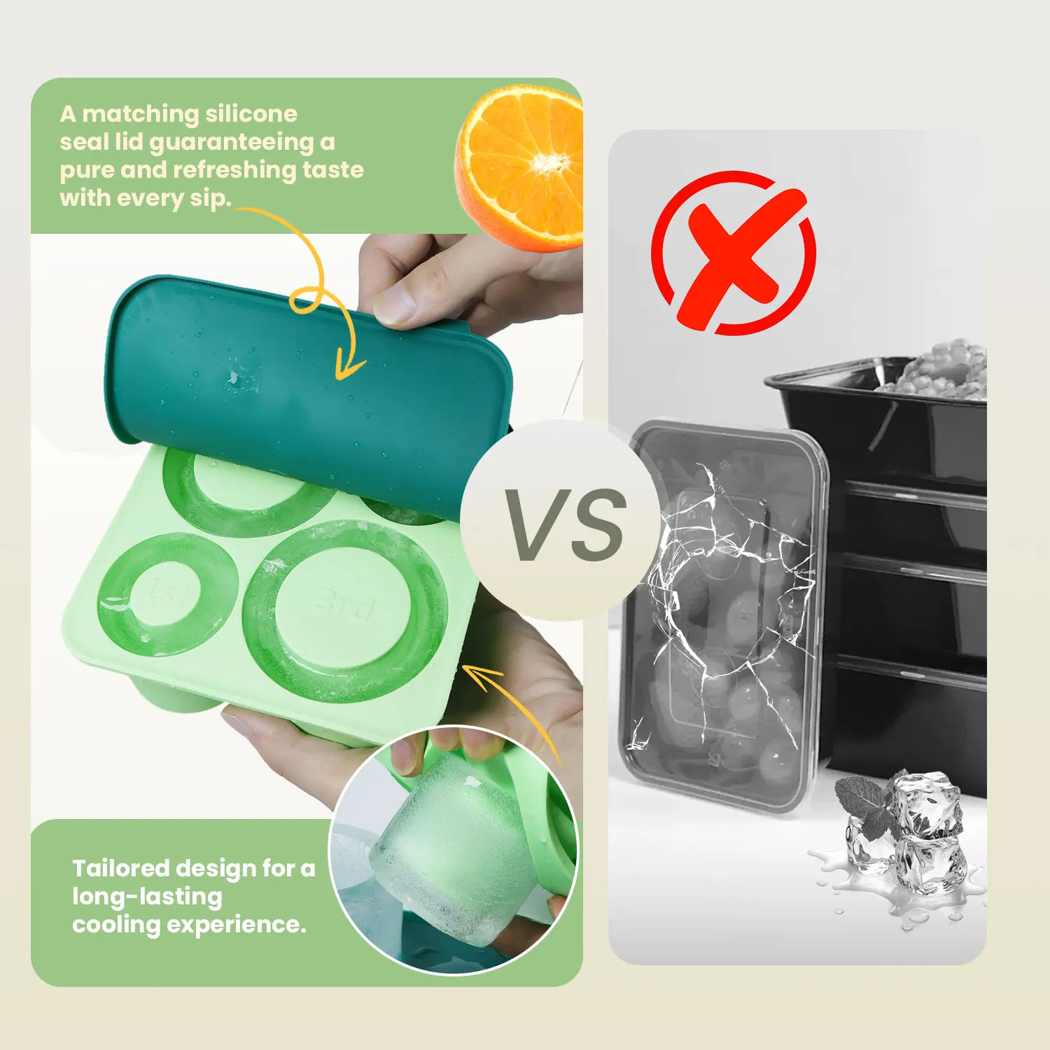 Bandeja de gelo com tampa e bin Ice Cube Maker, Ice Box, Big Shape, Ice Frame, Molde de silicone Cilindro de garrafa de água