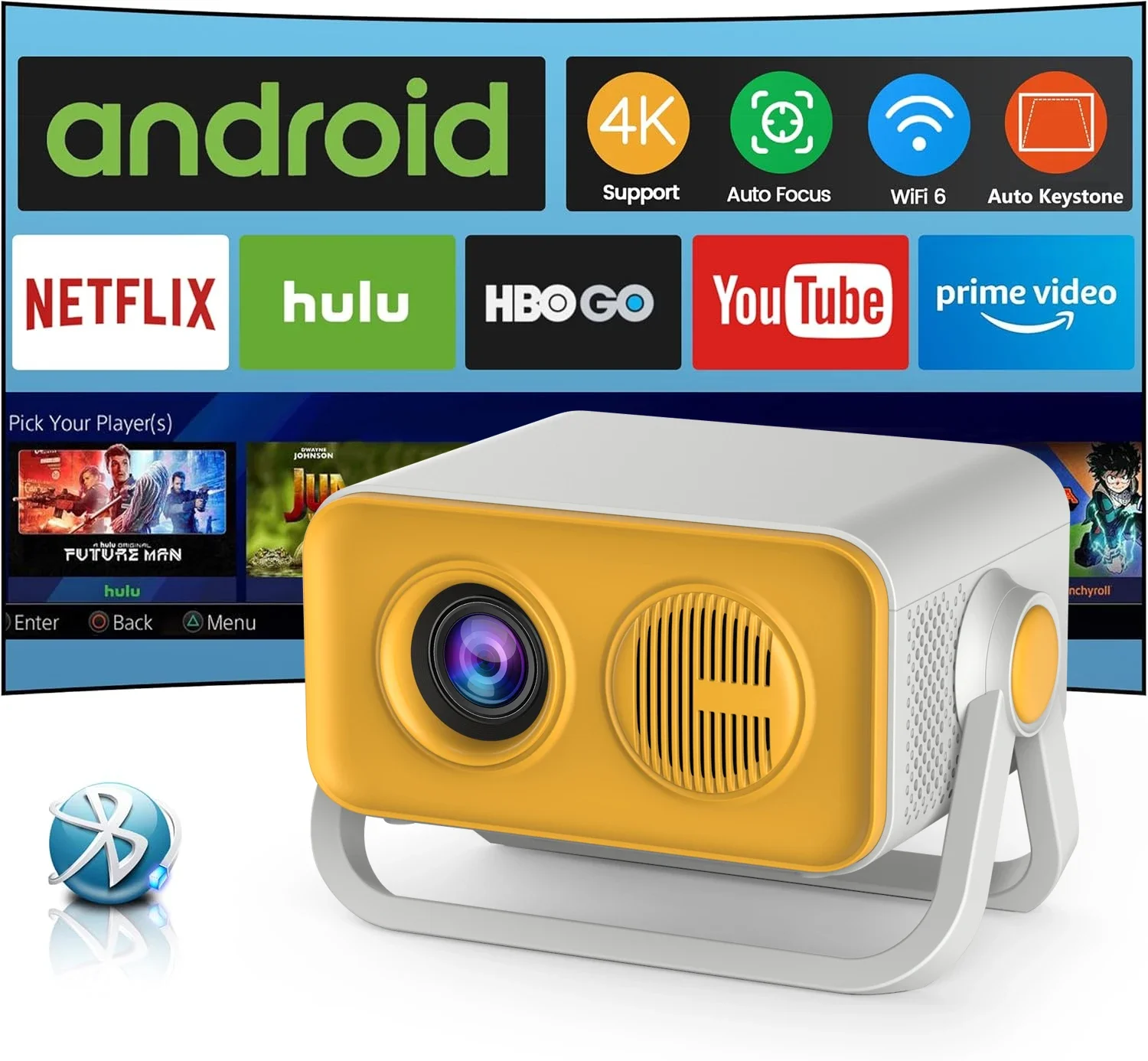 

Portable Projector 4K 110ANSI HT23 Pro Native 1080P Auto Focus Keystone Correction Android 11 WIFI6 360° Home Cinema