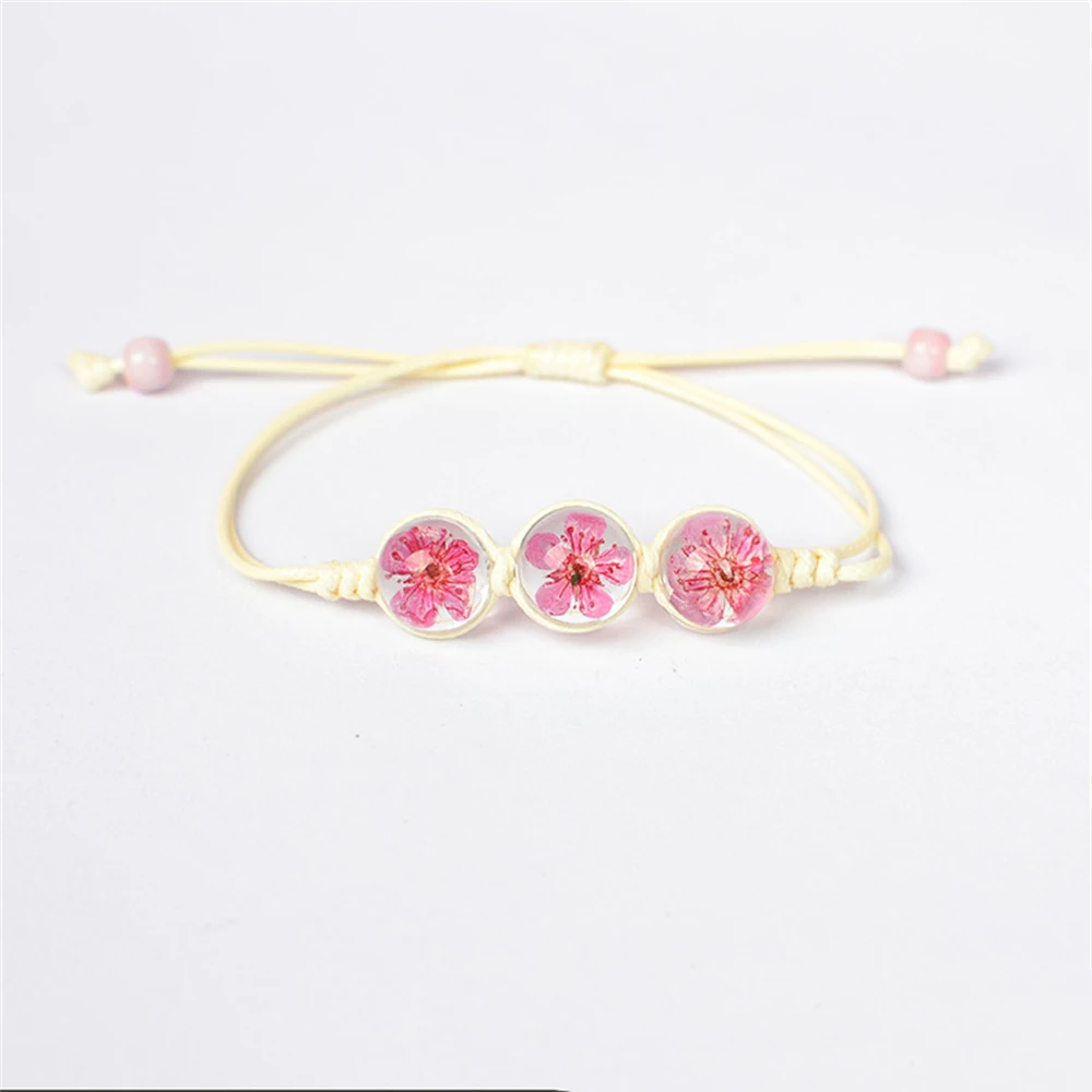 b22 Glass Ball Dried Cherry Blossoms Hand-made Dried Flower Charm Bracelets Multiple options Gifts Natural Flower Weave Jewelry