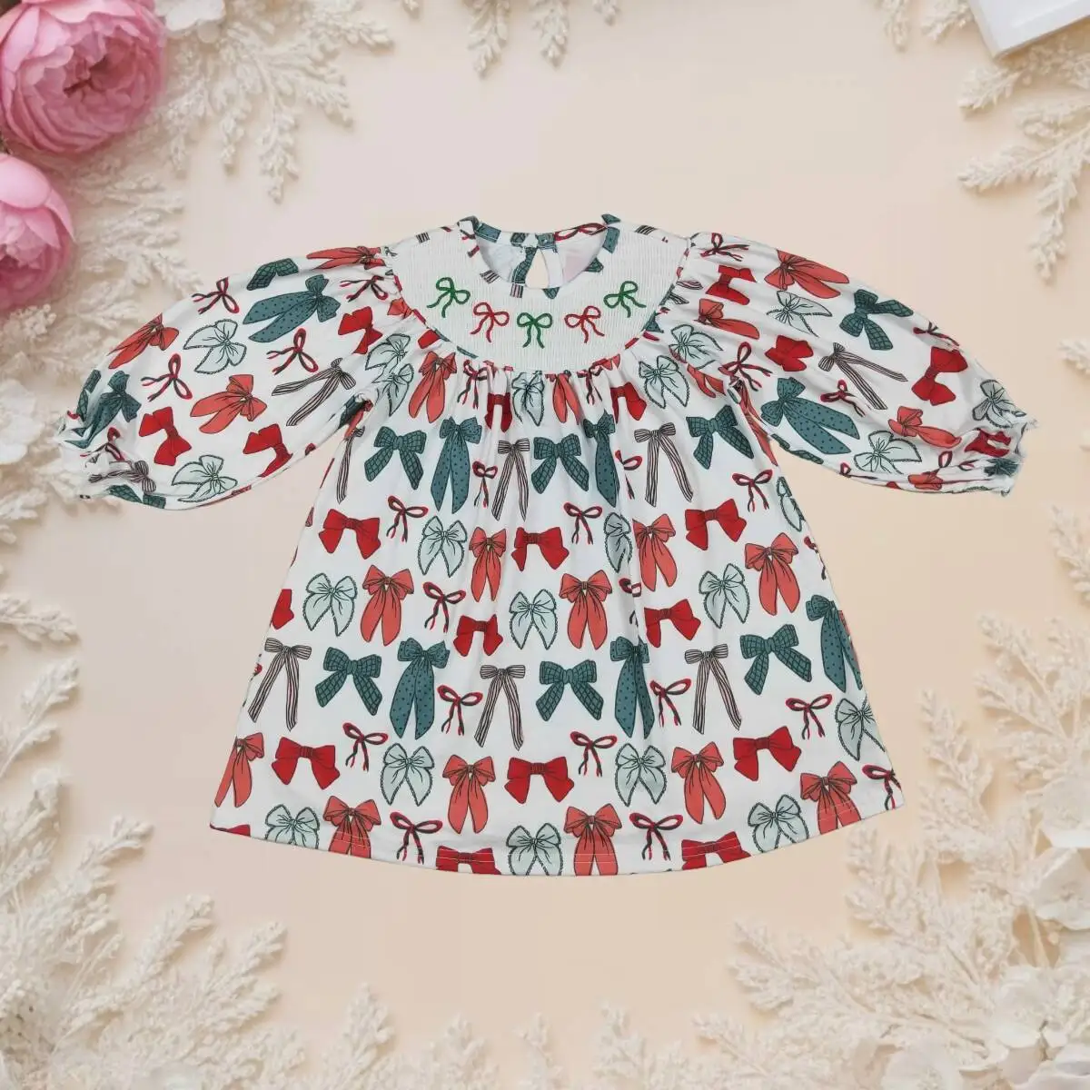 

Kids Dress Baby Girl Princess Casual Toddler Smocked Knee Length Dresses Long Sleeve Embroidery Bows Children Christmas Clothes