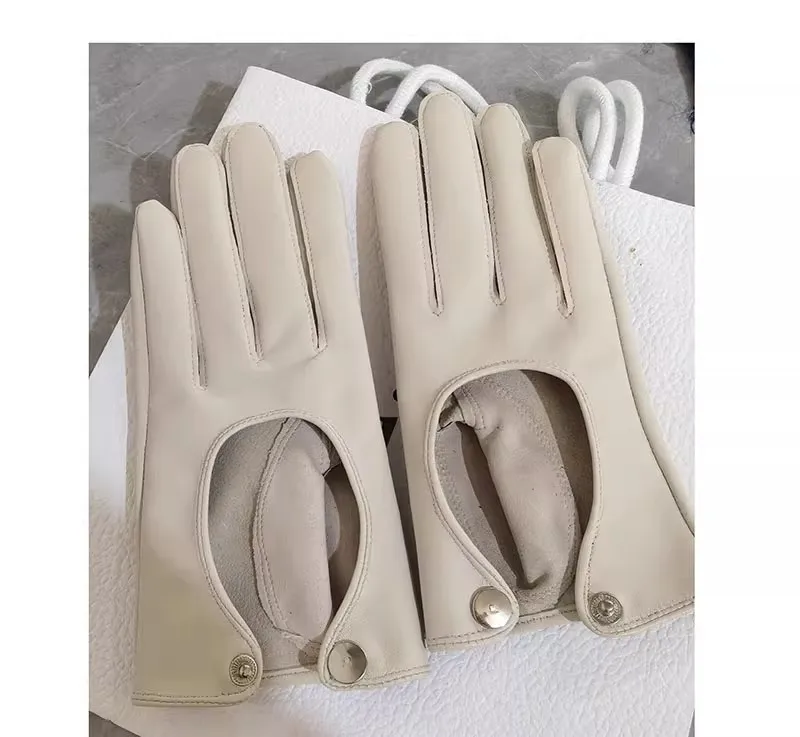

Women's Natural Leather Hollow Out Glove Female Sheepskin Leather Dancing Party Riding Touchscreen Driving Glove TB615