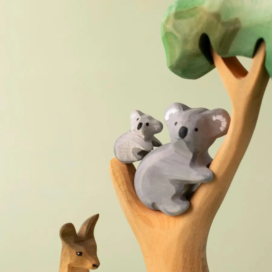 Montessori Wooden Koala Family with Eucalyptus Tree Sustainable Dolphins Handmade Small Palm Tree Waldorf Inspired Marine Animal