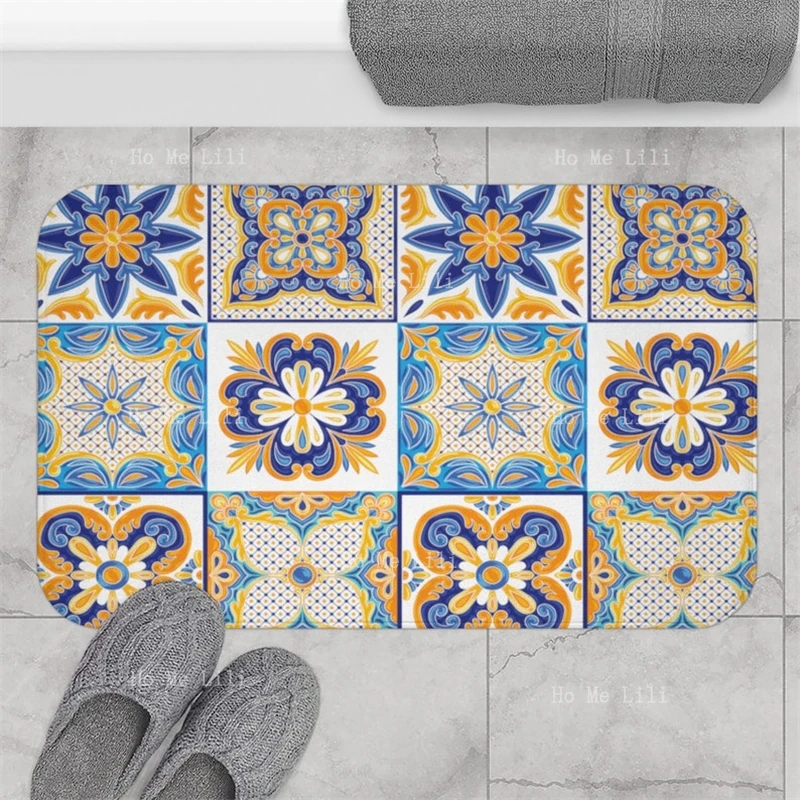 Mediterranean Tile Art Talavera Home Boho Style Various Kinds Flowers Collage Pattern Flannel Floor Rugs Bathroom Decor