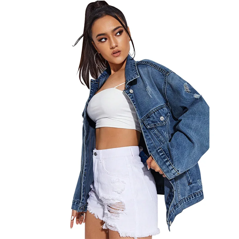 

2026 Fashion Loose Denim Jacket Women's Short Jean Coat Spring Autumn Single-breasted Hole Frayed Casual Tops Chaqueta Outerwear
