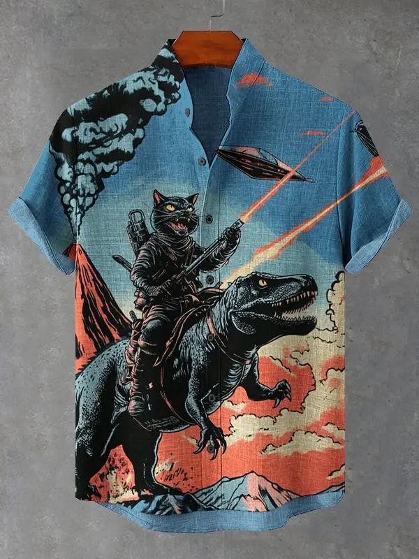 Popular Men's Funny Laser Cat Dinosaur Art Print Shirts Casual 3D Holiday Hawaiian Shirts Summer Women Short Sleeve Lapel Blouse