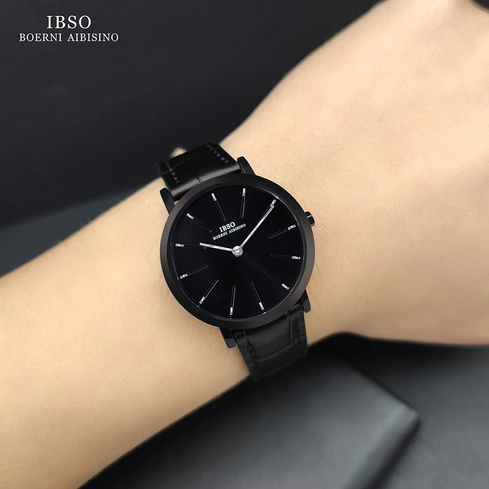 IBSO 2022 New Arrival Women Elegant Quartz Watches S2222L Genuine Leather Strap Full Black Watch Ladies Simple Dial Waterproof