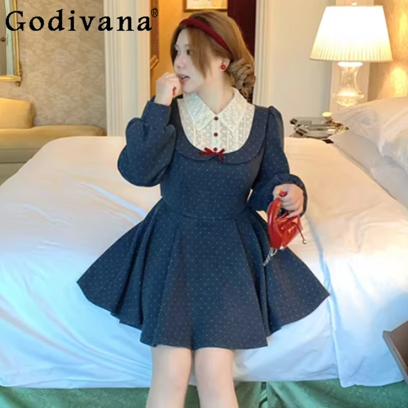 

Spring Autumn Fake Two-piece Printed Sweet Peter Pan Collar Woolen Dress Fashion Women High Waist A-line Long Sleeve Dresses