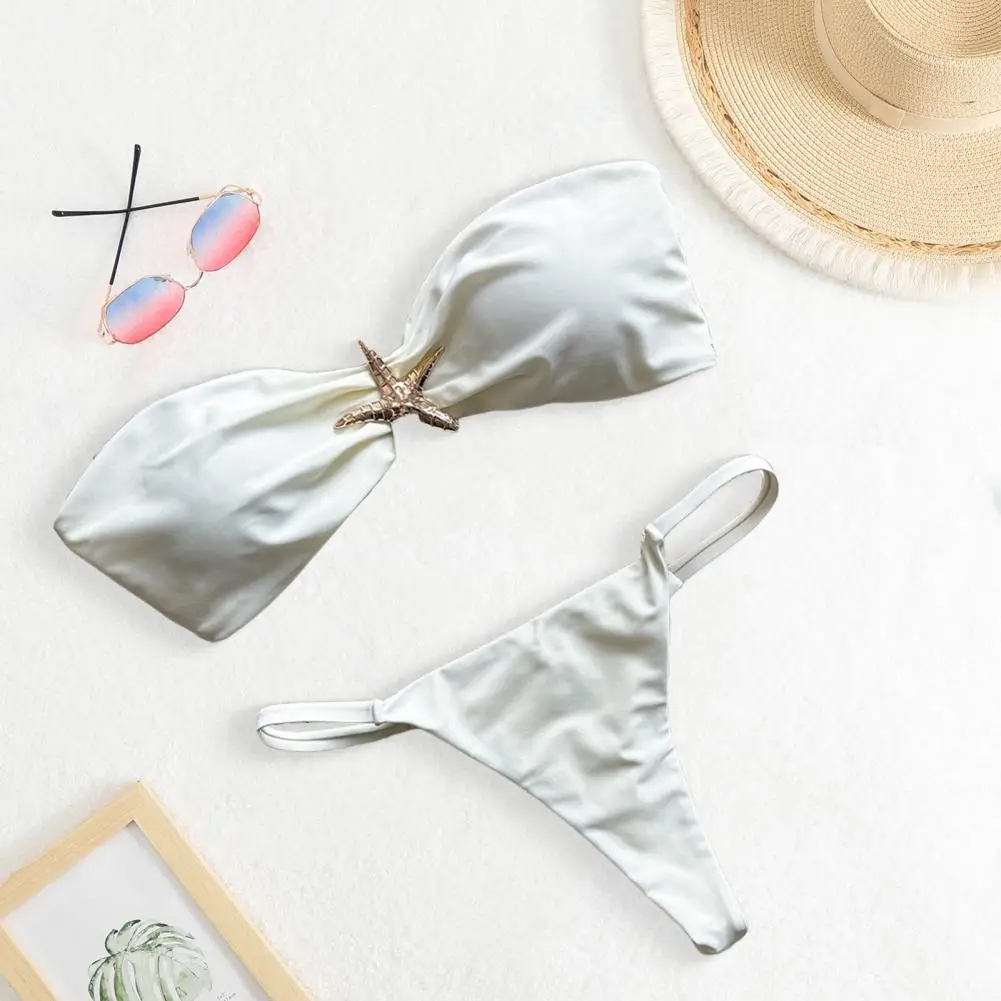 2Pcs/Set Bikini Set Strapless Bandeau Starfish Decoration Bikini Bra Low-rise Briefs Set Solid Color Vacation Spa Swimming Suit