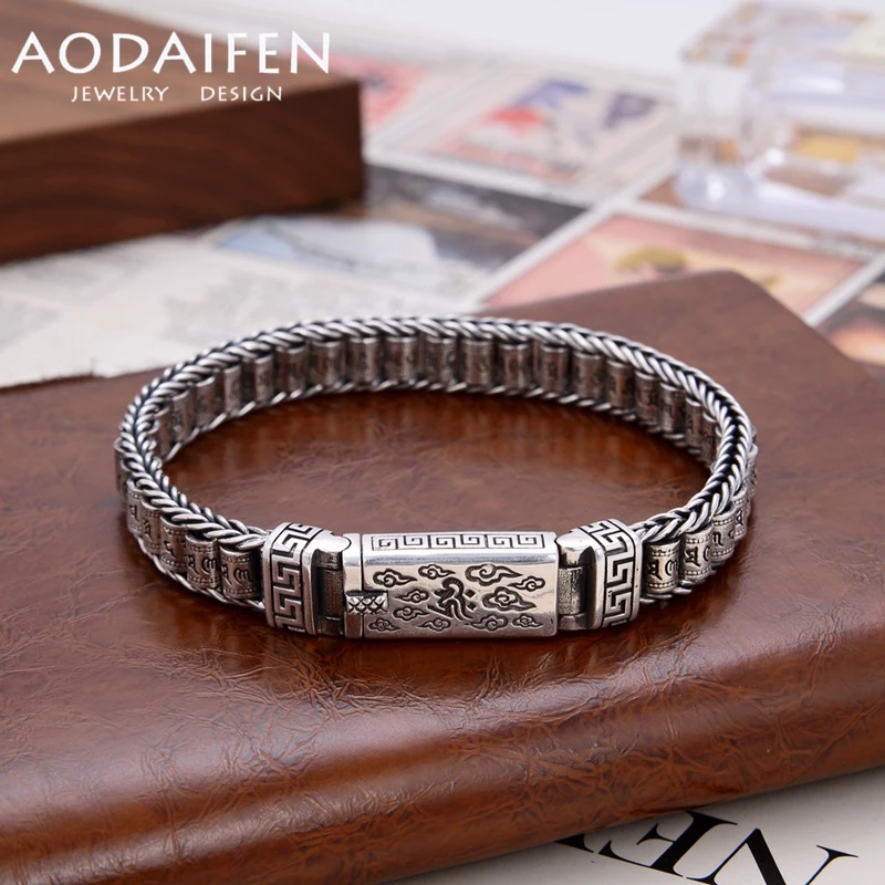 AODAIFEN S925 Sterling Silver 11mm Six Character Proverbs Transport Beads Retro Men's and Women's Bracelet Punk Ethnic Jewelry