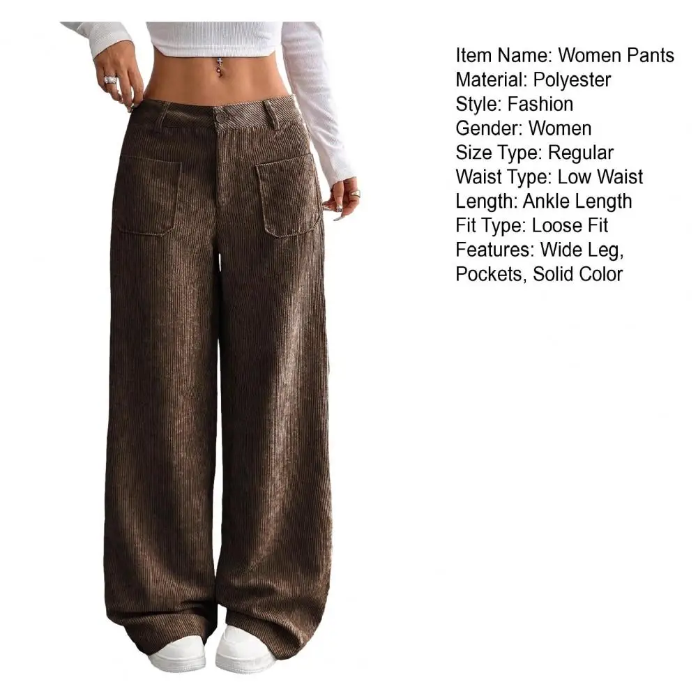 Pantalon Long élégant pour femmes, taille basse, jambes larges, avec bouton zippé, poches volantes, couleur unie, côtelé, pour les loisirs