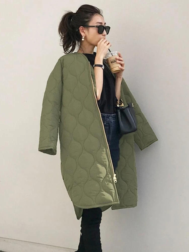 Women\'s Winter Jacket 2024 Zipper Green Loose Warm Plaid Top V-Neck Casual Streetwear Light Long Quilted Coats Female Cardigan