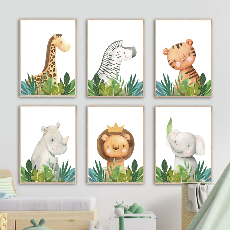 Boho Cartoon Animal Poster Tiger Rhino Giraffe Elephant Lion Nursery Wall Art Print Canvas Painting Decor Picture Baby Kids Room