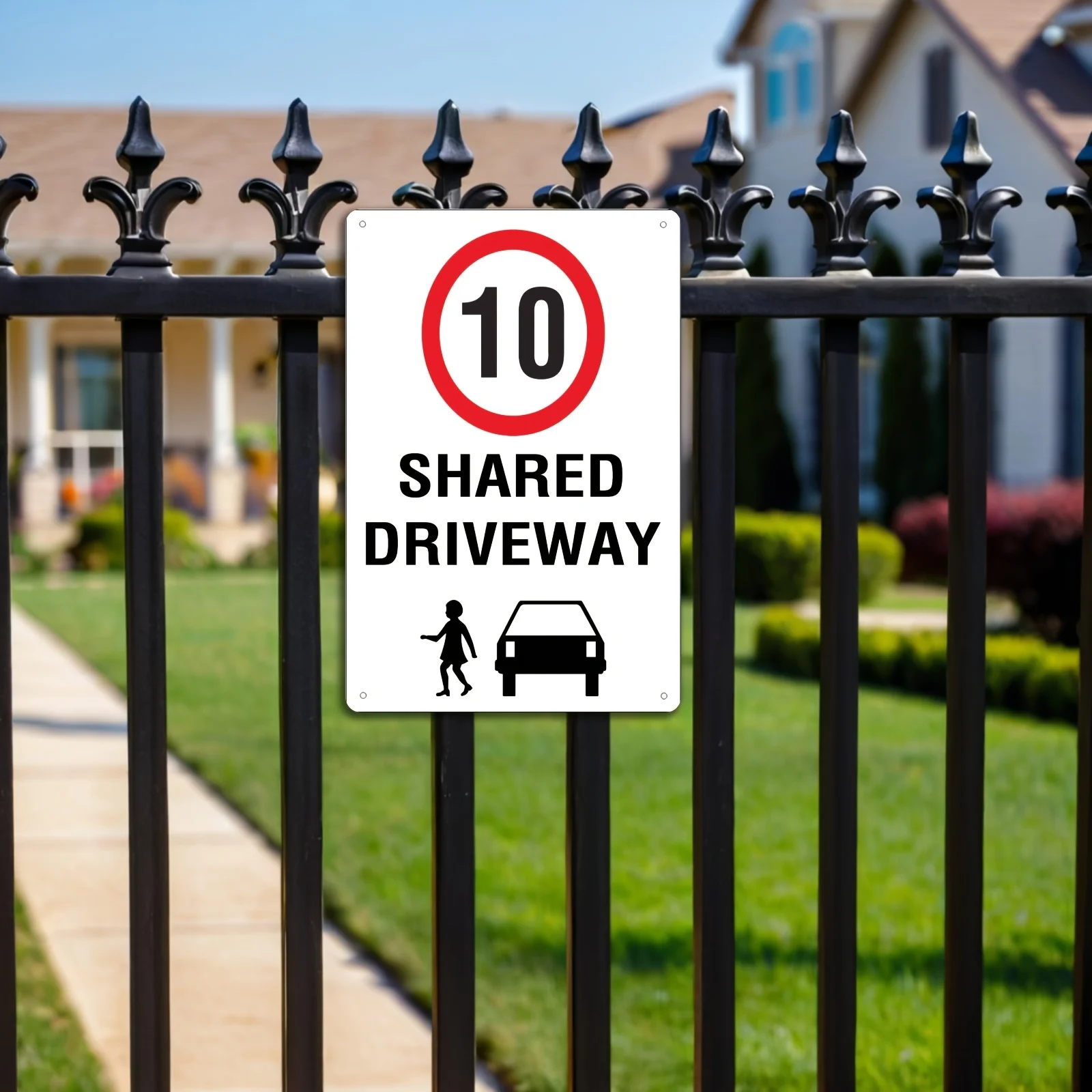 2D Flat - 1pc Shared Driveway 10km Speed Limit Metal Sign - Durable Iron, 8x12in, Red & White Circular Icon
