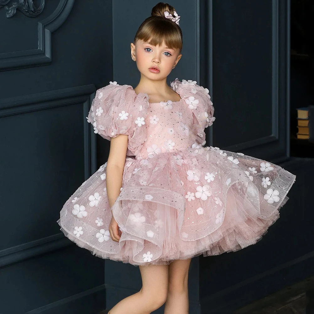 Cute Princess Flower Girl Dress Short Sleeves Flowers Sequin Tulle Puffy Party Gown for Pageant Kids Dresses for Weddings