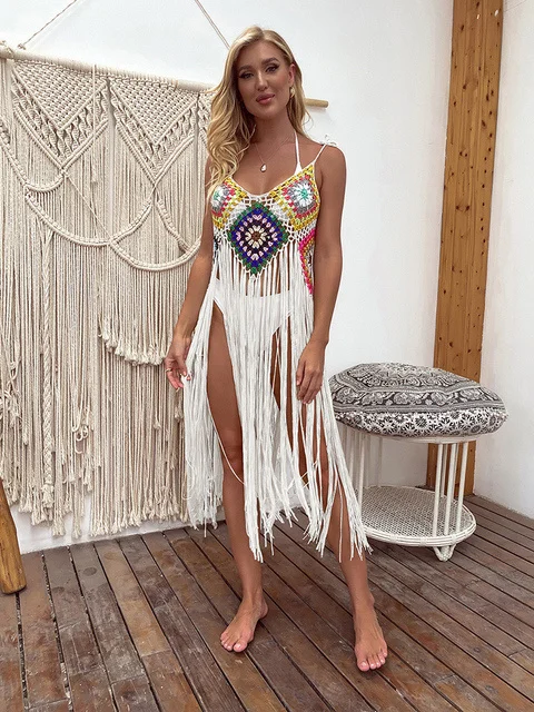 HÄKELN BIKINI Boho Cover Up Sexy Hohl Fringe Saum Strand Kleid 2023 Sommer Frauen Badeanzüge Bademode Tuniken Rock