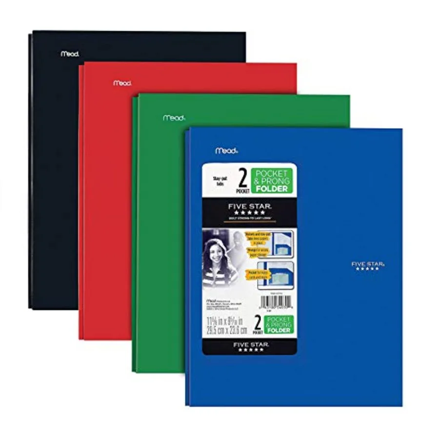 

2-Pocket Folder,,Plastic Folder with Stay-Put Tabs and Prong Fasteners, Holds 8-1/2" x 11" Paper, Black, Fire Red, Forest Green